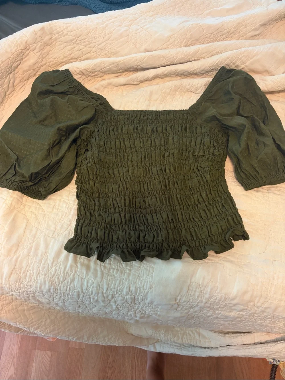 Old Navy Olive Green Smocked Puff Sleeve Top